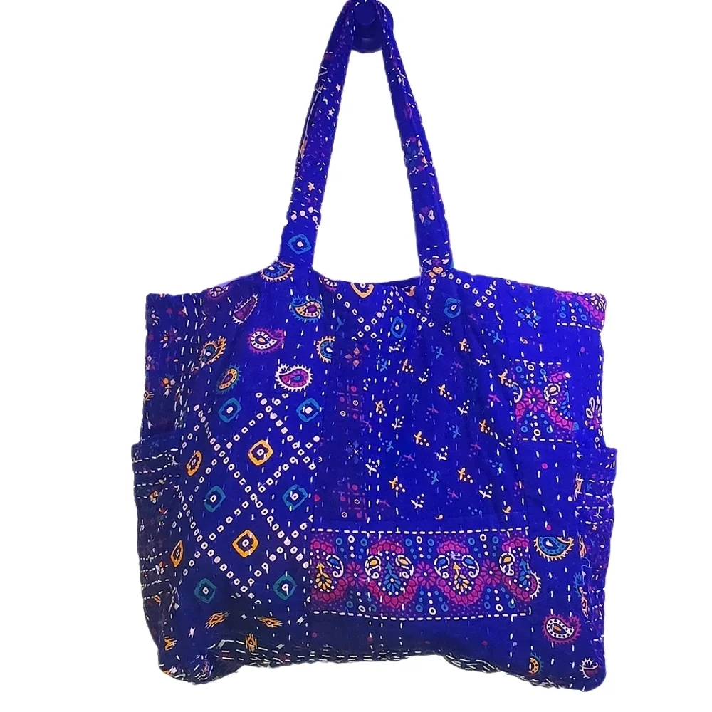 WORLD MARKET Kantha Stitch Tote Bag Multi-color Upcycled Double Straps Bag NWT - Picture 7 of 9